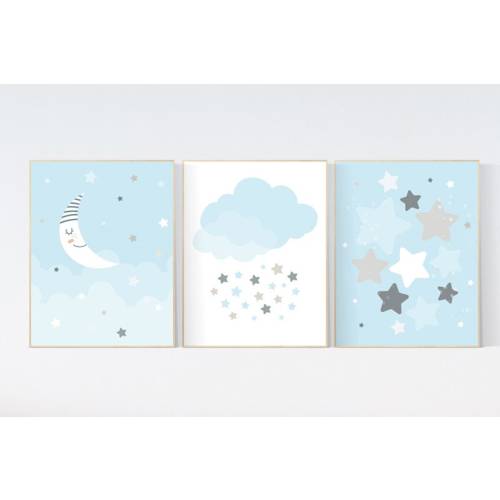 Baby boy nursery decor, Blue gray nursery, Twinkle Twinkle Little Star, moon nursery art, boys room wall art, baby room prints, set of 3