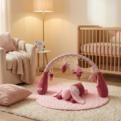 3-in-1 Baby Play Gym Mat with Plush Bunny, Tummy Time Activity Playmat, Sensory Toy