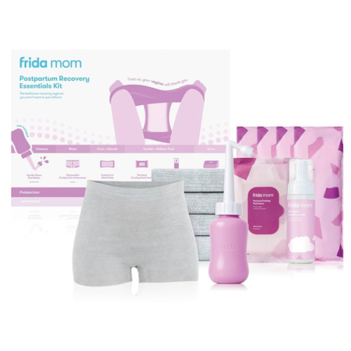 Frida Mom 11pc Postpartum Essentials Kit Gift Set, Hospital Bag Must Haves for New Mom, Includes 4 Disposable Postpartum Underwear, 4 Ice Maxi Pads, Perineal Healing Foam & 24 Pad Liners & Peri Bottle