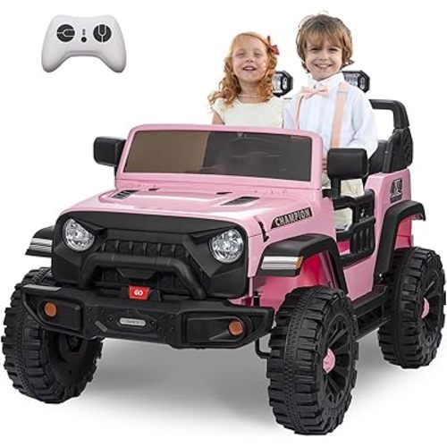 2 Seater Ride On Jeep Car, 24V/7AH Kids Battery Powered Vehicles w/Parent Remote Control, 2x200W Powerful Motor, Safty Balt, LED Light, Jeep 4 Power Wheels As Gift for Girls and Boys, Pink