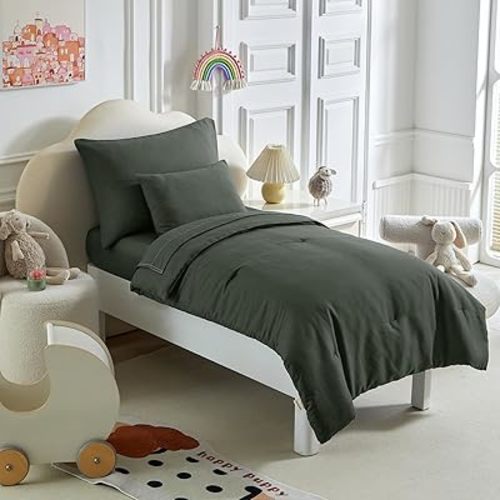 Toddler Bedding Set - 5 Piece Soft and Breathable Toddler Bed Set for Boys and Girls, Includes Quilted Comforter, Fitted Sheet, Flat Top Sheet, Standard Pillowcase and Toddler Pillowcase, Dark Green