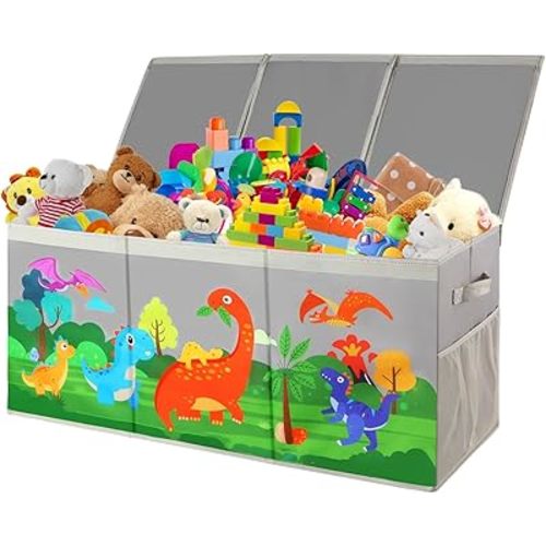 Extra Large Box Chest with Lids, Collapsible Storage Organizer, Dinosaur Bin Box, Organizer for Living Room Nursery Playroom Bedroom Home Grey