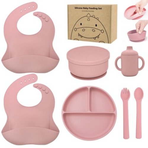 Benoxine Silicone Baby Feeding Set,Baby Led Weaning Set, 7Pcs-BPA Free,100% Food-Grade Silicone,Pink, 6M+