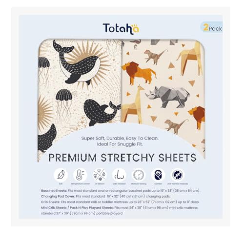 TotAha Premium Stretchy Crib Sheets (2-Pack)-Hypoallergenic, Silky Comfort, Buttery Soft, Calming Effect, All-Season Jersey-Knit Sheets, 9'' Extra Deep Pocket, Zoo Safari & Sea Animals