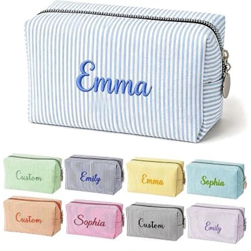Personalized Makeup Bag with Embroidered Name, Bridesmaid Gifts Blue, Large