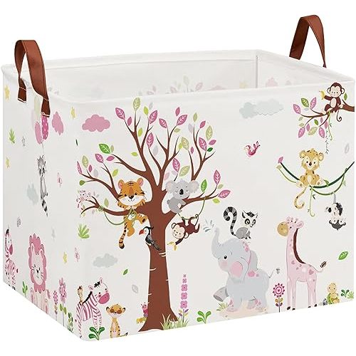 Jungle Theme Baby Girl Baskets for Baby Shower,Freestanding Safari Nursery Decor Laundry Hamper,Stackable and Collapsible Kids Animal Toy Storage Bin,Pink Basket for Gifts (Upgraded Metal Frames)
