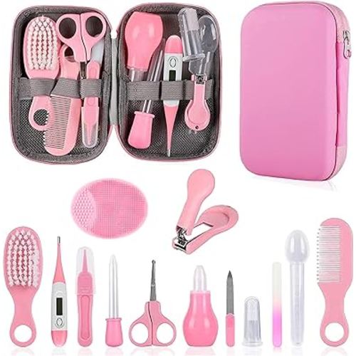 Baby Grooming Kit, Infant Safety Care Set with Hair Brush Comb Nail Clipper Nasal Aspirator,Baby Essentials Kit for Newborn Girls Boys (Pink)