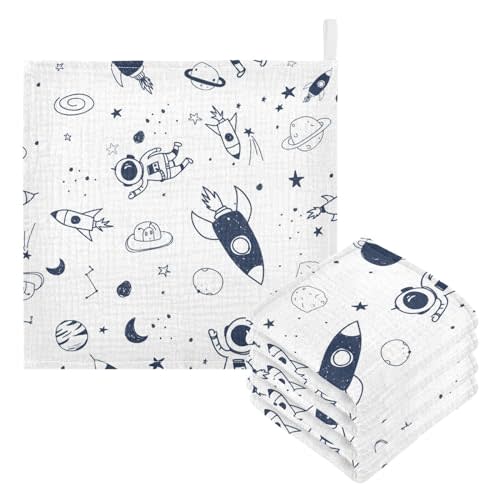 YETTASBIN Space Rocket Muslin Baby Hand Washcloths, Soft Cotton Bath Face Towel, 4 Layers Extra Absorbent Feeding Burp Cloth for Newborn Infant, 5 Pack