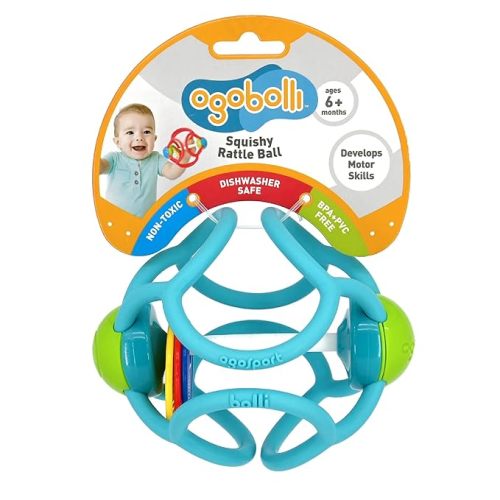 OgoBolli Teether Ring Tactile Sensory Ball and Baby Rattle Toy for Babies & Toddlers - Stretchy, Squishy, Soft, Non-Toxic Silicone - Boys and Girls Age 6+ Months - Blue