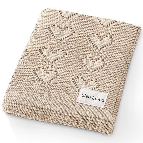 Bleu La La 100% Luxury Cotton Heart Swaddle Knit Baby Blanket for Girls and Boys - Soft Warm Cozy Swaddling Receiving Stroller Crib Blanket for Newborns Infants & Toddlers (Oatmeal, 0-2 Years)