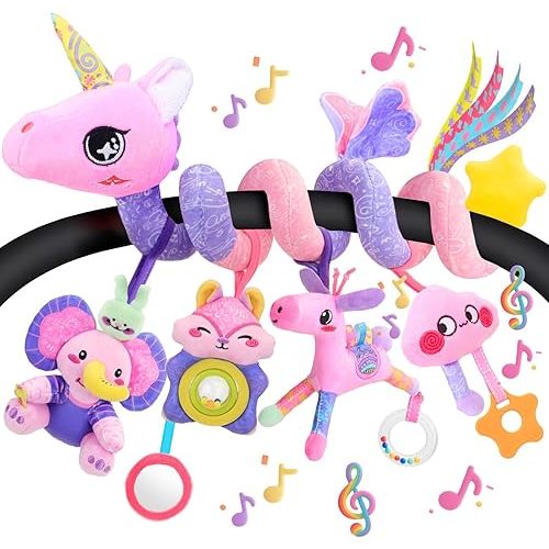 Musical Car Seat Toy for Babies 0-12 Months Girl, 5-in-1 Sensory Activity Hanging Toy Stroller Toy with Soothing Music, Rattle, Mirror for Newborn Infants Essential Gifts, Unicorn