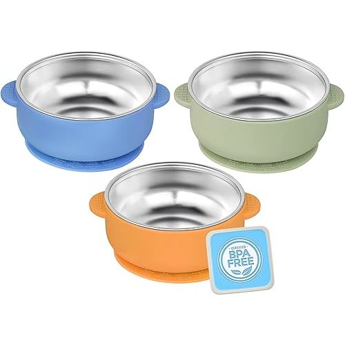 3 Pack Stainless Steel Toddler Suction Bowls for Baby Plates, 2-in-1 SUS304 Toddlers Bowl & Removable Silicone Suction Kids Bowl for Cereal | Snack | Anti-Scald Non-Toxic Suction Bowls
