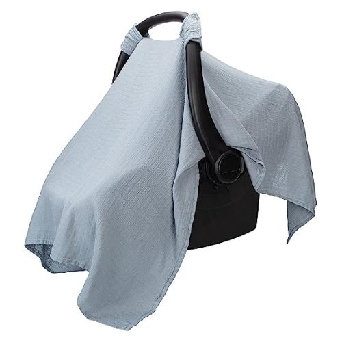 Comfy Cubs Baby Car Seat Cover - Soft, Breathable Bamboo Rayon and Muslin Cotton Blend - Lightweight Canopy for Sun, Bug, and Comfort Protection - Large Size Infant Seat Cover in Pacific Blue Design