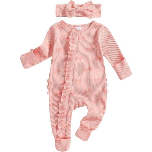 Baby Girl Newborn Clothes Fall Winter Hospital Coming Home Outfit Bow Long Sleeve Romper Zipper Onesie Jumpsuit