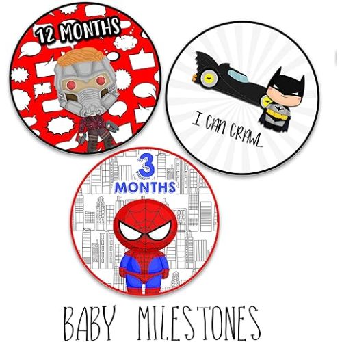 Silly Goose Gifts Darling Superhero Character Themed Baby Milestone Stickers - Perfect Growth Chart, Shower Registry Gift for Boys Girls Monthly Scrapbook Keepsake Photo Prop Set of 18 Stickers