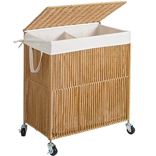 WOWLIVE Laundry Hamper with Wheels, Handwoven Rolling Laundry Basket with Lid, Clothes Hamper with Divided Removable Liner Bag, 115L Large Capacity Laundry Sorter Laundry Room Organization, Natural