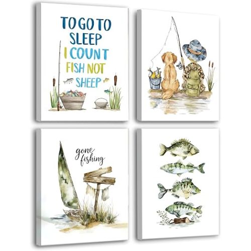 Frimeeme Fishing Hunting Nursery Wall Art Decor, 4pcs Framed