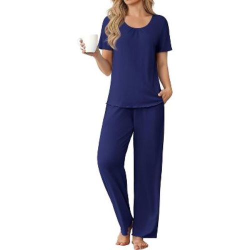 Ekouaer Womens Pajama Sets Viscose from bamboo Lounge Set Soft Pajamas for Women Set Short Sleeve and Long Pants Sleepwear Navy Blue L