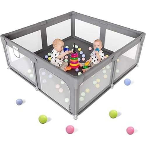 Palopalo Baby Playpen, 50''x50'' Small Playard for Babies and Toddlers, Baby Activity Center with 8 Suction Cup Bases, Infants Play Pen with Gate and Soft Breathable Mesh