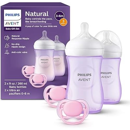 Philips Avent Natural Baby Gift Set, 2X 9oz Bottles with Natural Response Nipples (Medium Flow, Flow 3), 2X Ultra Air Pacifiers, Pink, SCD837/01