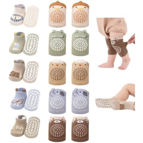 Baby Crawling Knee Pads and Socks with Anti-Slip Grips 10 Pairs Unisex Baby Toddler Nonslip Kneepads & Ankle Socks