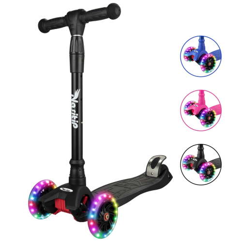 Shininglove Foldable Scooter for Kids, 3 Wheel Kick Scooter for Boys Girls 3-10 Yrs with Light up Wheels and Extra Wide Deck, Black