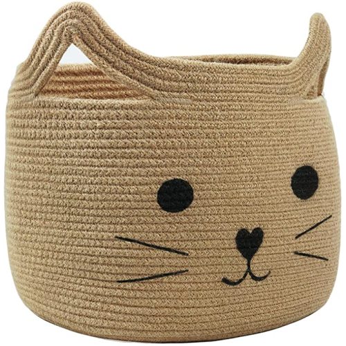 HiChen Large Woven Jute Rope Storage Basket, Laundry Basket Organizer for Toys, Blanket, Clothes, Towels, Gifts | Pet Gift Basket for Cat, Dog - 15.7" L×11.8" H