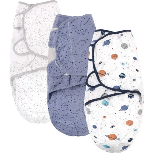 Hudson Baby Unisex Baby Quilted Cotton Swaddle Wrap 3pk, Space, 0-3 Months
