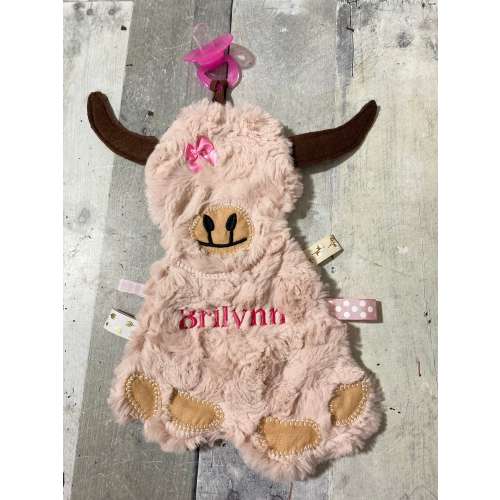Pink Highland Cow Binky Buddy, Bull Personalized baby gift, Cow Pacifier holder, pacifier clip, farm theme, monogrammed lovey for girls