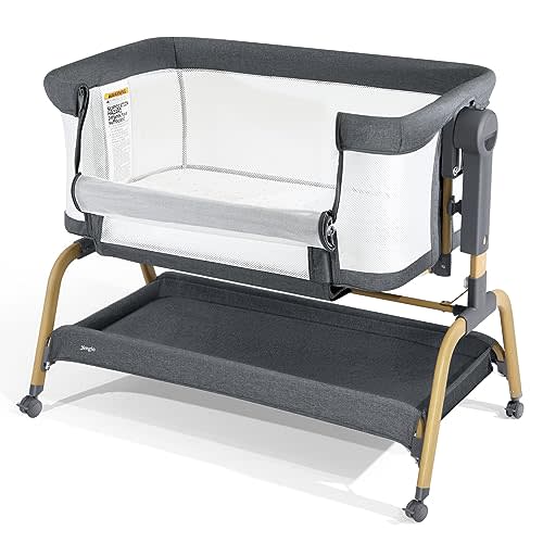 Jimglo 3 in 1 Baby Bassinet, Bedside Bassinet for Baby, Rocking Bassinet with Comfy Mattress and Wheels, 6 Height Adjustable Easy Folding Portable Bedside Crib for Newborn