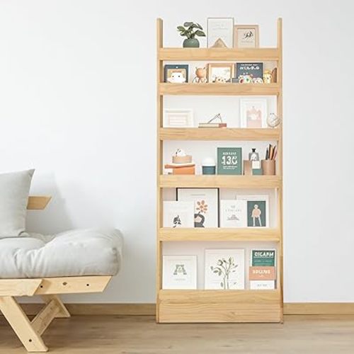 Behind Door Bookshelf Organizer – Solid Wood Wall-Mounted 6-Tier Shelf, No-Paint Eco Design, Space-Saving Storage for Kids & Adults (31.5in)