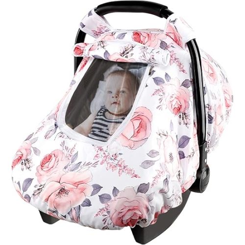 Car Seat Covers for Babies, Winter Carseat Cover Girls, Mink Infant Car Seat Canopy, Cozy & Warm Cover, Pink Floral