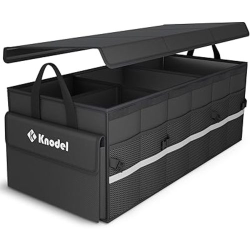 K KNODEL Car Trunk Organizer with Lid, 3 Compartments Collapsible Car Trunk Storage Organizer, Large Car Organizer and Storage for SUV, Truck, Sedan (3C,Black)