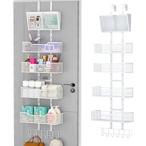 Adjustable Over The Door Organizer, Hanging Door Storage with PVC Pocket and 4 Metal Baskets Wall Mount, Closet Door Organizer Behind Door Rack for Bathroom Bedroom Closet, White