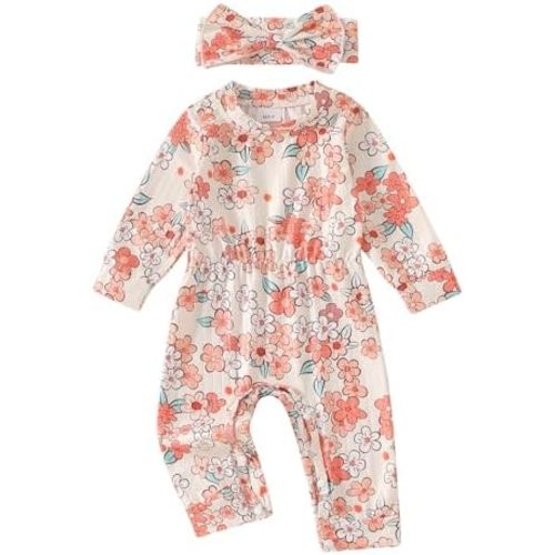 Winioder Newborn Baby Girl Fall Clothes Ribbed Long Sleeve Romper Jumpsuit with Headband Infant 2Pcs Coming Home Outfit