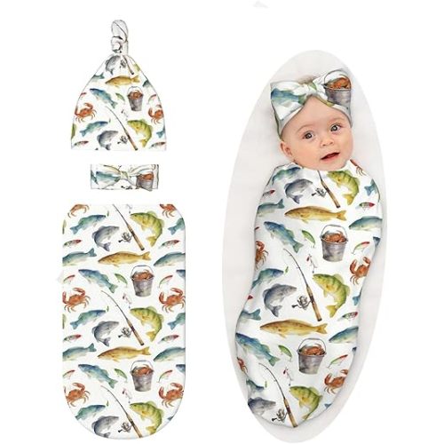 Vintage Bass Fishes Fishing Baby Swaddle Blanket with Headband and Beanie Set, Soft Newborn Swaddle Sacks Outfit Infant Shower Gift for Boys Girls