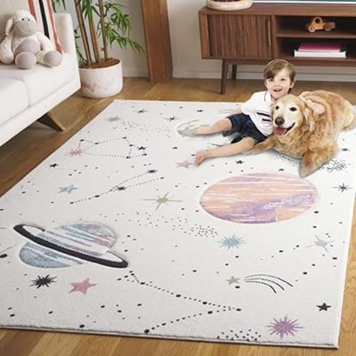 SAFAVIEH Carousel Kids 100 Collection Round Rug - 5'3" Round, Ivory & Orange, Transitional Design, Stain Resistant, Ideal for High Traffic Areas in Living Room, Bedroom & Dining Room (CRK122A-5R)