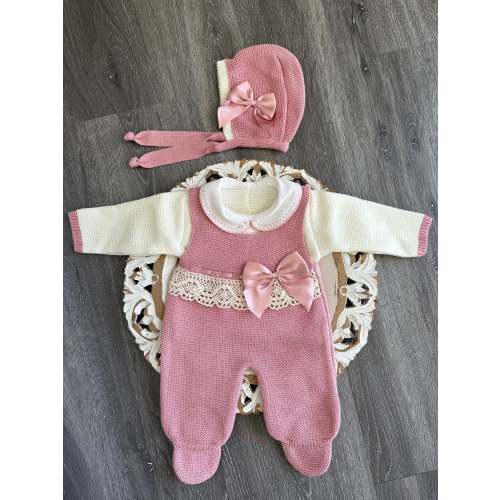 Delicate Skirt Like Lace Details Knitted Set With Lace Collar And Satin Bow in Old Pink and Ivory
