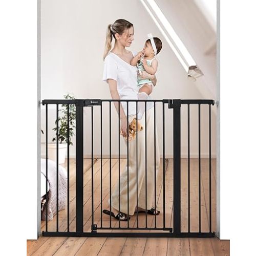 COMOMY 36" Extra Tall Baby Gate for Stairs Doorways, Fits Openings 29.5" to 48.8" Wide, Auto Close Extra Wide Dog Gate for House, Pressure Mounted Easy Walk Through Pet Gate with Door, Black