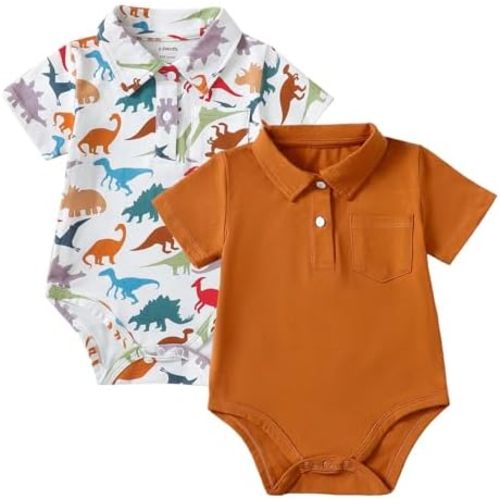 ROMPERINBOX Onsies for Baby Boy Polo Collar Bodysuit 2 Pack Short Sleeve Romper with Pocket 0-24 Months