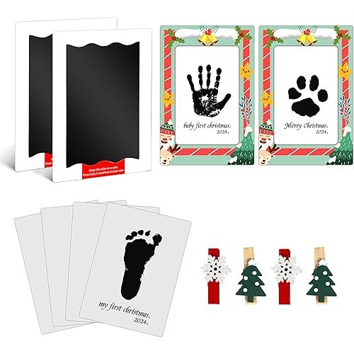 Baby Hand and Footprint Kit - Baby First Christmas Footprint Kit, 2 Large Size Inkless Ink Pads with 2 Christmas Photo Frames, 4 Clip & 4 Imprint Cards for Baby, Pet Paw Print Kit for Dogs Cats