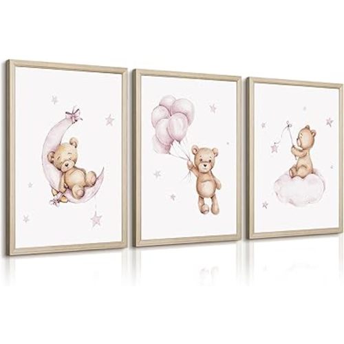 Bear Nursery Wall Art Decor Teddy Bear Wall Art Baby Girl Canvas Wall Decor Pink Pictures Balloon Nursery Children Prints Artwork Moon Star Cloud Art for Boys Room Bedroom 12x16x3 Inch Wood Framed