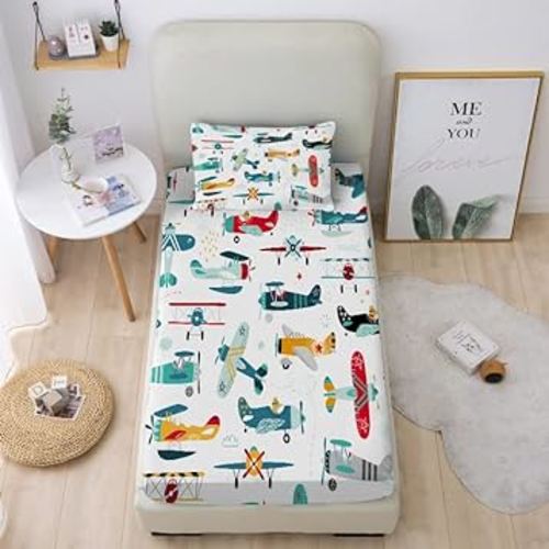 Yasida Twin Bed Sheets Kids, Twin Sheets 2 Pack for Kids, Fitted Sheet Twin, Airplane Printed Bed Sheets for Girls or Boys, Bed Fitted Sheet and Pillowcases Set, 100% Brushed Microfiber Fabric
