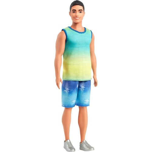 Barbie Fashionistas Ken Doll #236 with Black Hair, Wearing Blue and Green Ombre Tank with Jean Shorts and Silver Sneakers