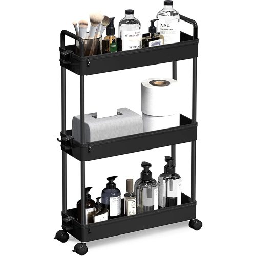 SOLEJAZZ Slim Rolling Storage Cart with Wheels 3 Tier Skinny Bathroom Storage Organizer Thin Laundry Room Utility Cart Space-Saving for Bedside Kitchen Office Small Narrow Places, Black