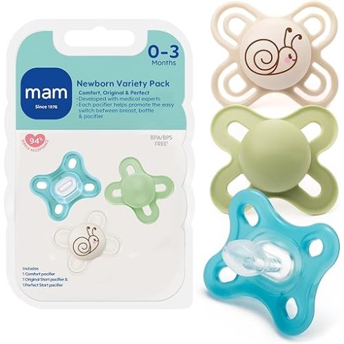 MAM Pacifier 0-3 Months Variety Set, 1 Comfort, 1 Perfect Start, 1 Original Start, Developed with Medical Experts Specially for Smaller Newborn Mouths, BPA-Free Silicone Nipple, 3Pk, Made in Europe