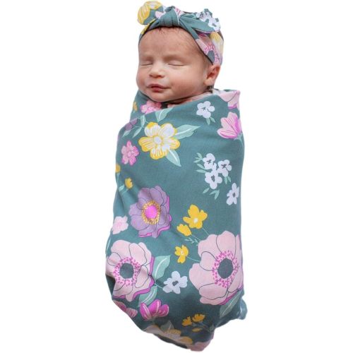 Baby Be Mine Newborn Baby Swaddle Blanket with Matching Knotted Hat (Charlotte)