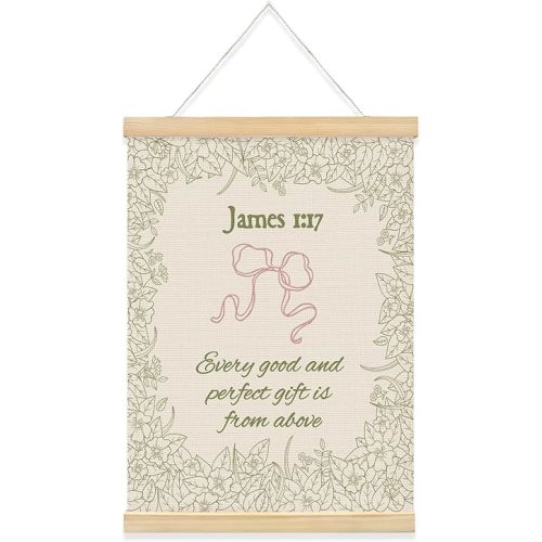 QROZIAR Vintage Coquette Pink Bow Christian Wall Decor, Sage Green Bible Verse Wall Art with Wooden Poster Hanger, Every Good and Perfect Comes from Above, Christian Gifts for Women Girls 12x16 Inch