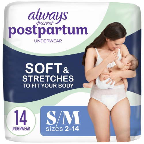 Always Discreet Postpartum and Adult Incontinence Underwear for Women, Size S/M, Maximum Protection, 14 CT