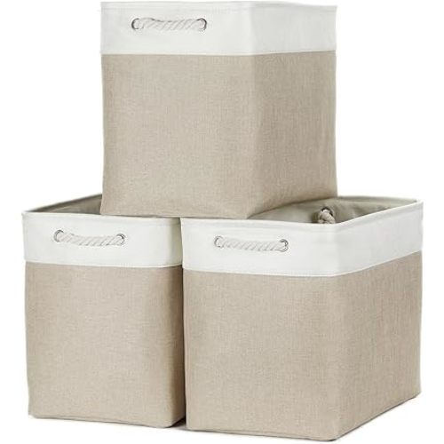 Bidtakay Extra Large Storage Baskets for Organizing 17x12x15.1 inch 3-Pack Fabric Closet Organizers Storage Bins with Handles Foldable Storage Baskets for Shelves Clothes XL-White&Beige